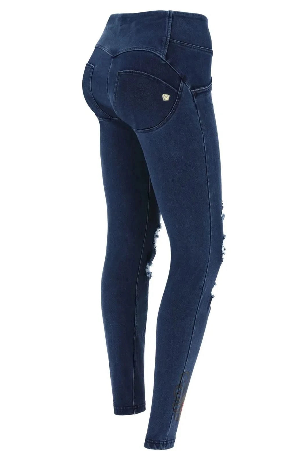 WR.UP® Ripped Denim with Winged Heart - 3 Button Mid waist - Full Length - Dark Blue + Blue Stitching 1