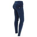 WRUP Ripped Denim with Winged Heart - 3 Button Mid waist - Full Length - Dark Blue + Blue Stitching