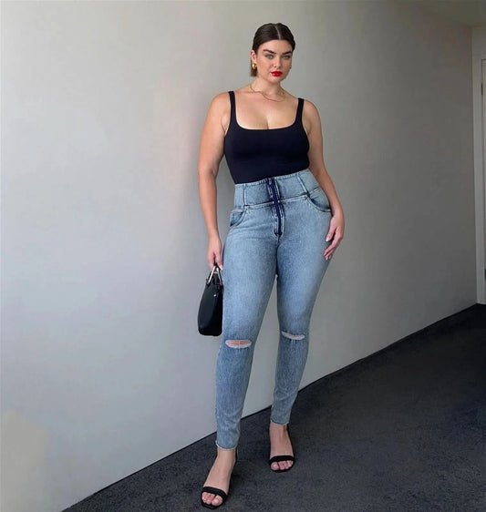 WRUP SNUG Curvy Ripped Jeans - High Waisted - Full Length - Blue Stonewash + Yellow Stitching