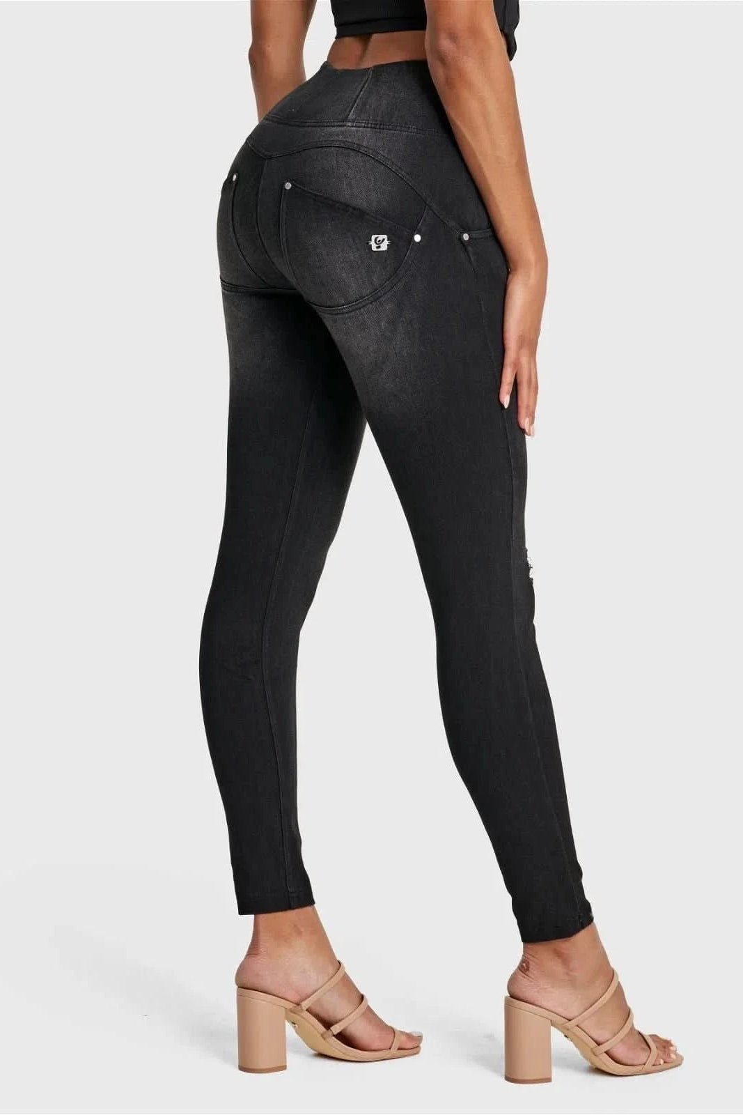 WR.UP® SNUG Distressed Jeans - High Waisted - 7/8 Length - Black + Black Stitching 2