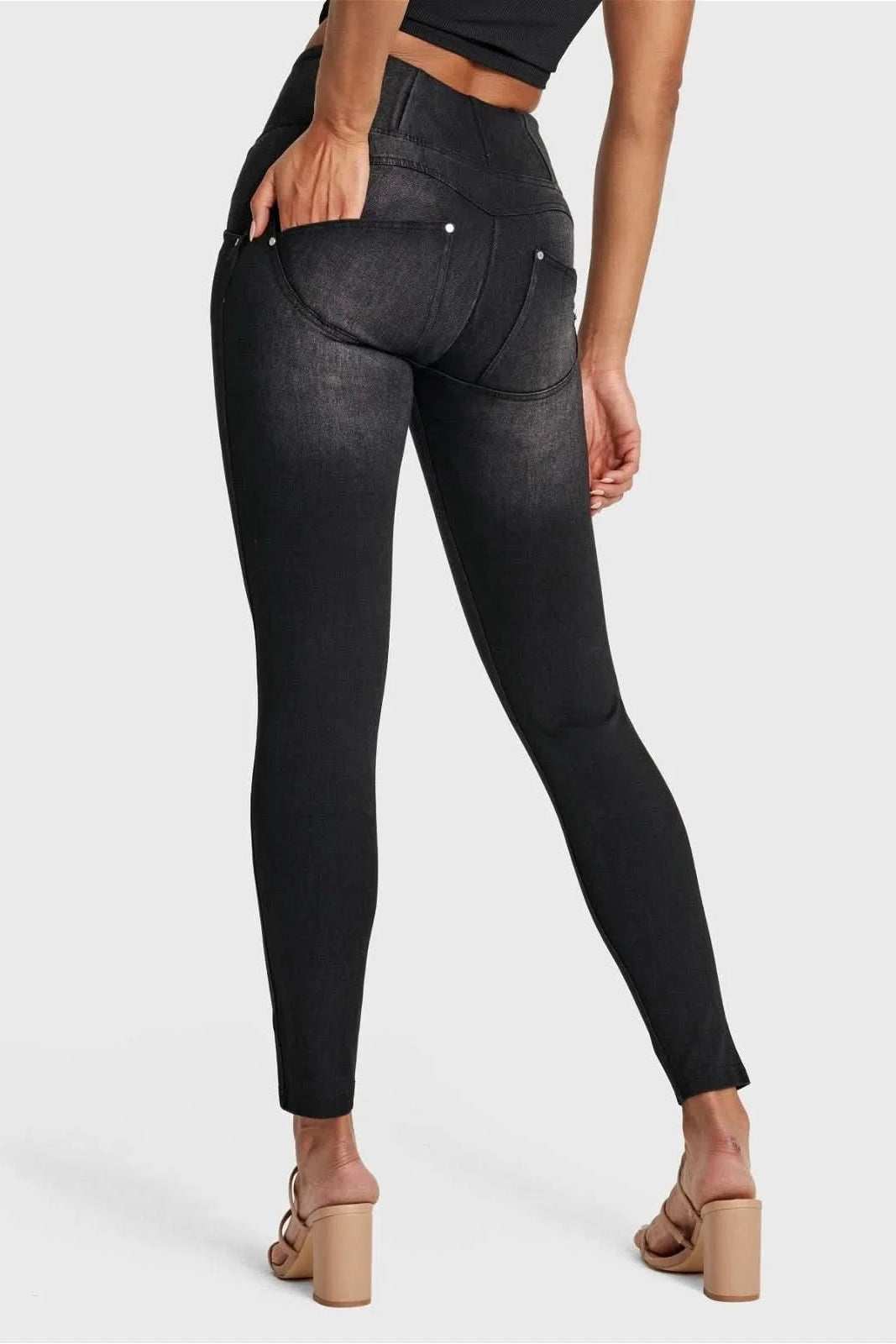 WR.UP® SNUG Distressed Jeans - High Waisted - 7/8 Length - Black + Black Stitching 3