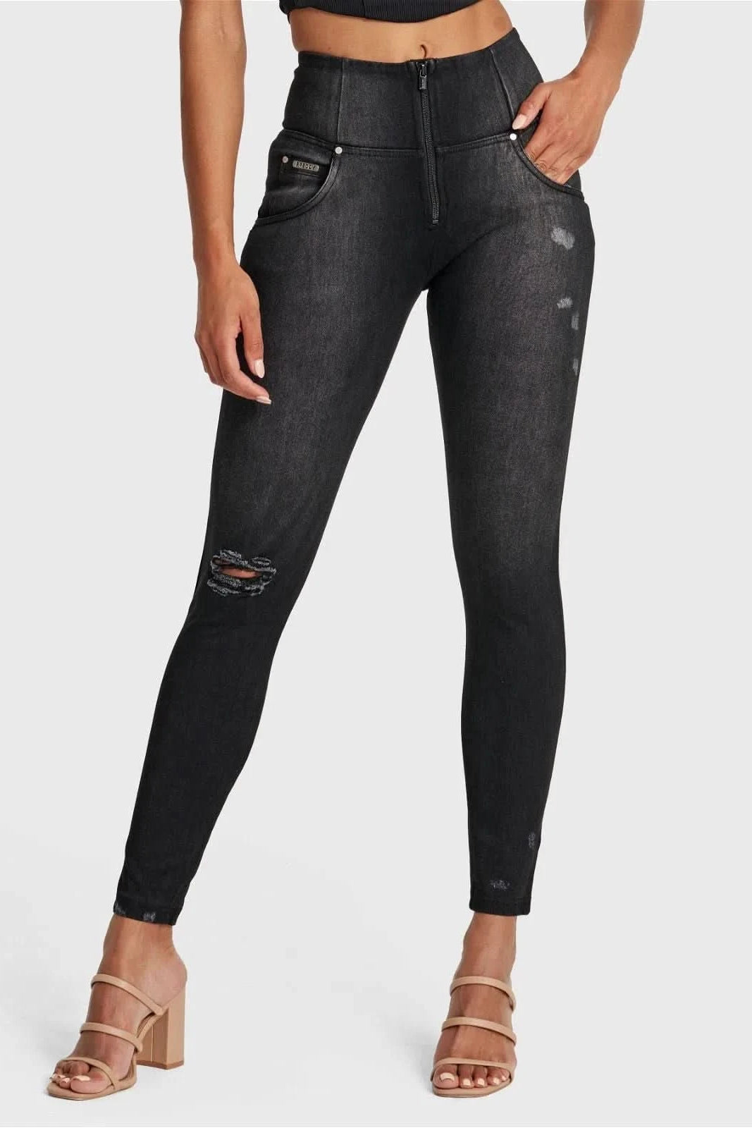 WR.UP® SNUG Distressed Jeans - High Waisted - 7/8 Length - Black + Black Stitching 1