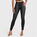 WRUP SNUG Distressed Jeans - High Waisted - 7/8 Length - Black + Black Stitching