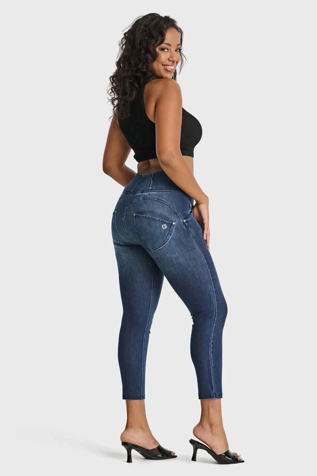 WR.UP® SNUG Distressed Jeans - High Waisted - 7/8 Length - Dark Blue + Blue Stitching 2