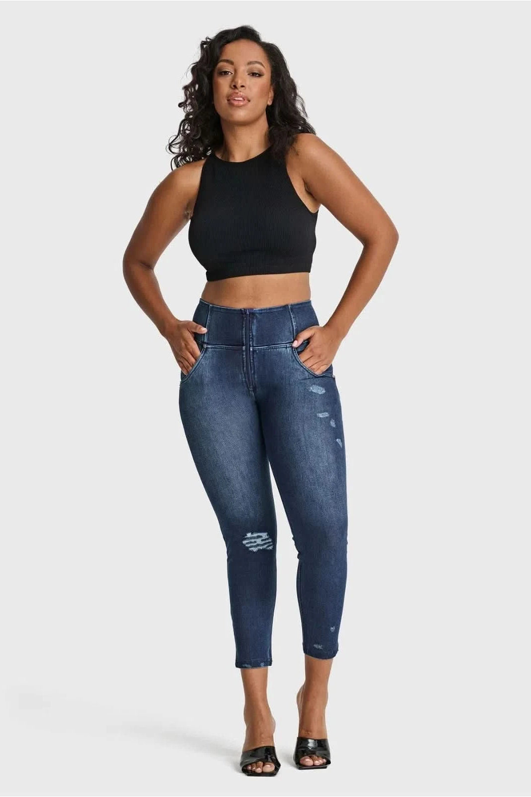 WR.UP® SNUG Distressed Jeans - High Waisted - 7/8 Length - Dark Blue + Blue Stitching 3