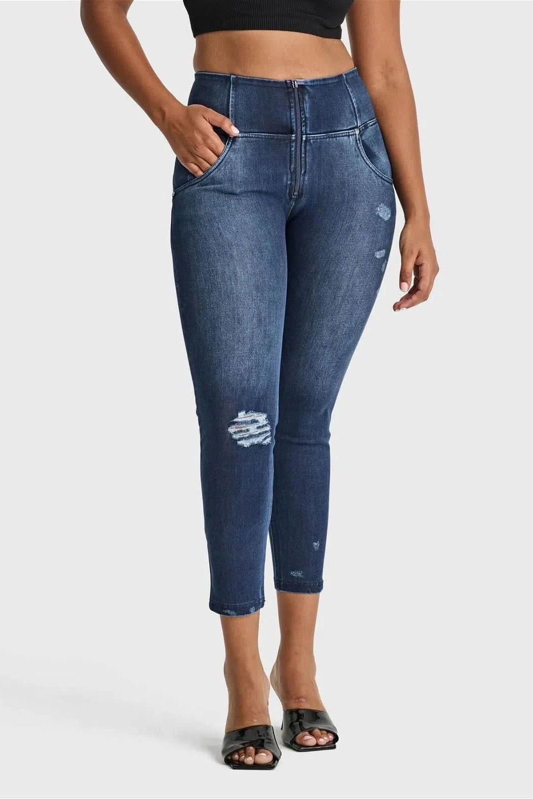 WR.UP® SNUG Distressed Jeans - High Waisted - 7/8 Length - Dark Blue + Blue Stitching 1