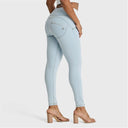 WRUP SNUG Distressed Jeans - High Waisted - Full Length - Baby Blue + Yellow Stitching