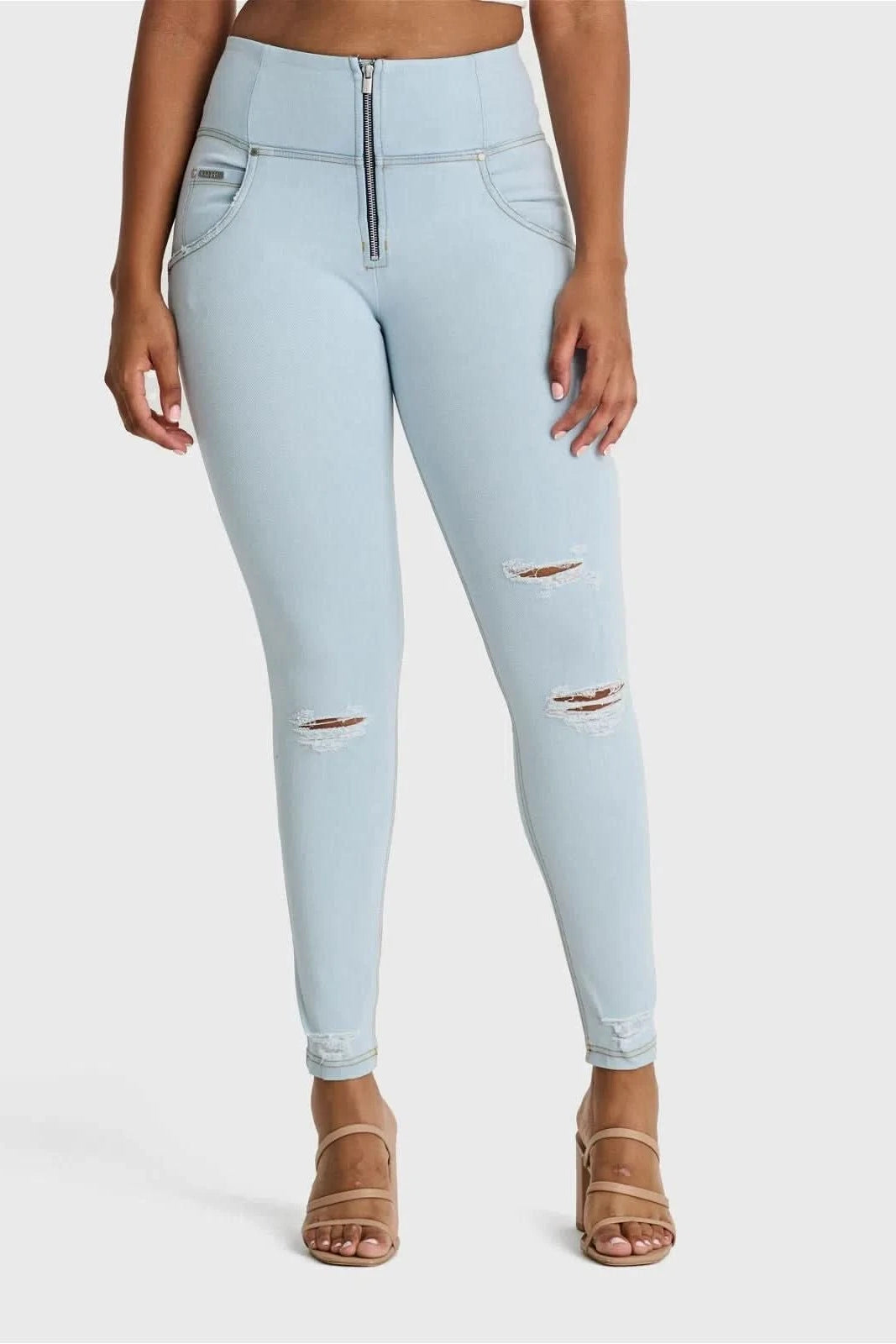 WR.UP® SNUG Distressed Jeans - High Waisted - Full Length - Baby Blue + Yellow Stitching 2