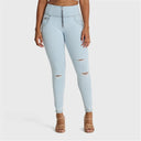 WRUP SNUG Distressed Jeans - High Waisted - Full Length - Baby Blue + Yellow Stitching