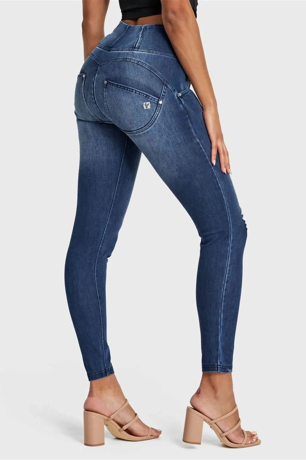 WR.UP® SNUG Distressed Jeans - High Waisted - Full Length - Dark Blue + Blue Stitching 2