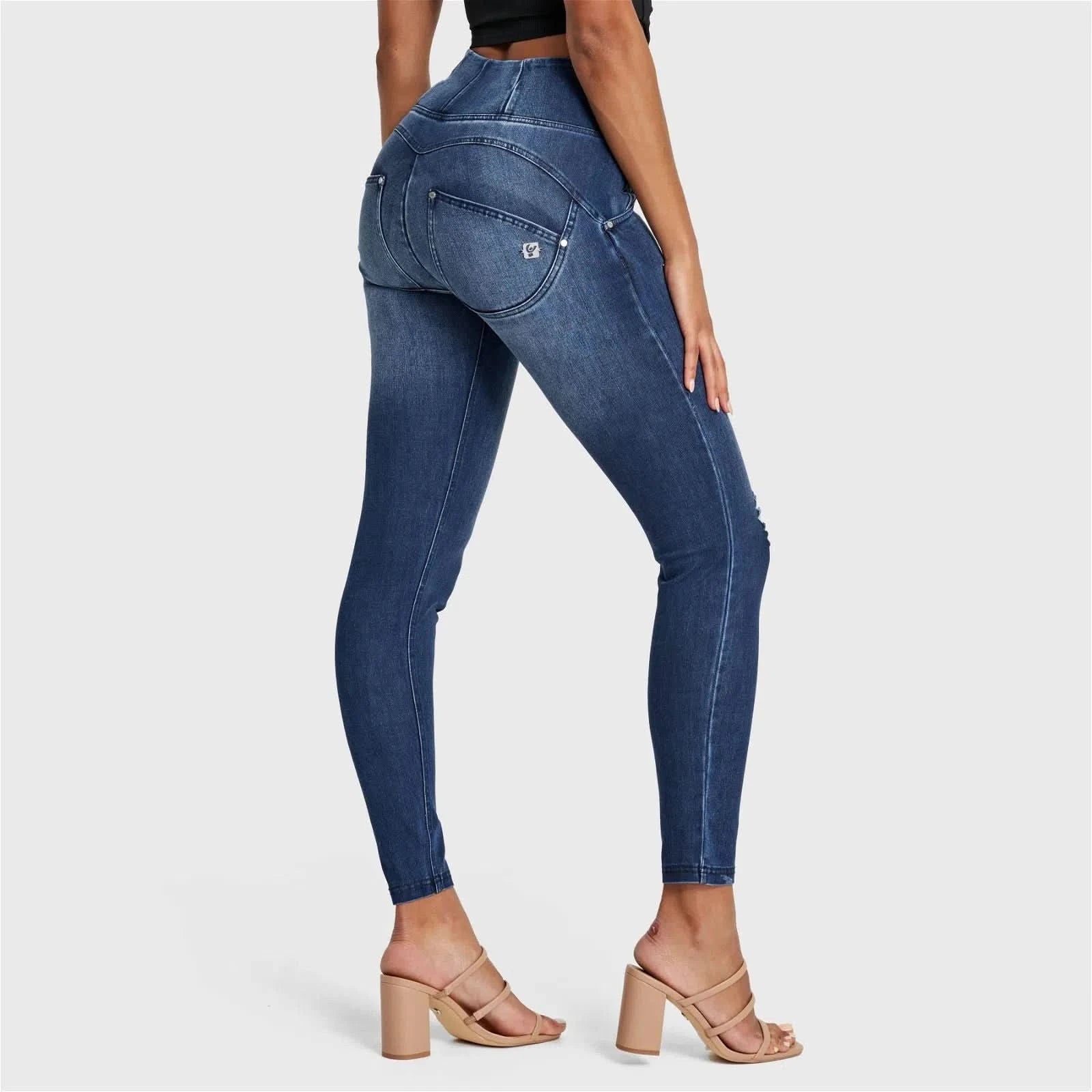 WR.UP® SNUG Distressed Jeans - High Waisted - Full Length - Dark Blue + Blue Stitching 2