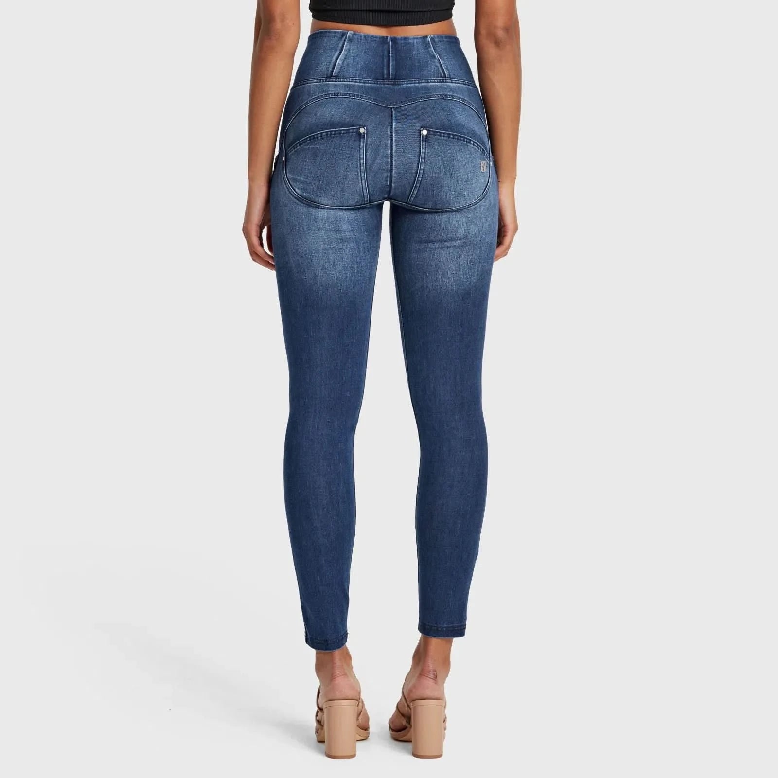 WR.UP® SNUG Distressed Jeans - High Waisted - Full Length - Dark Blue + Blue Stitching 3