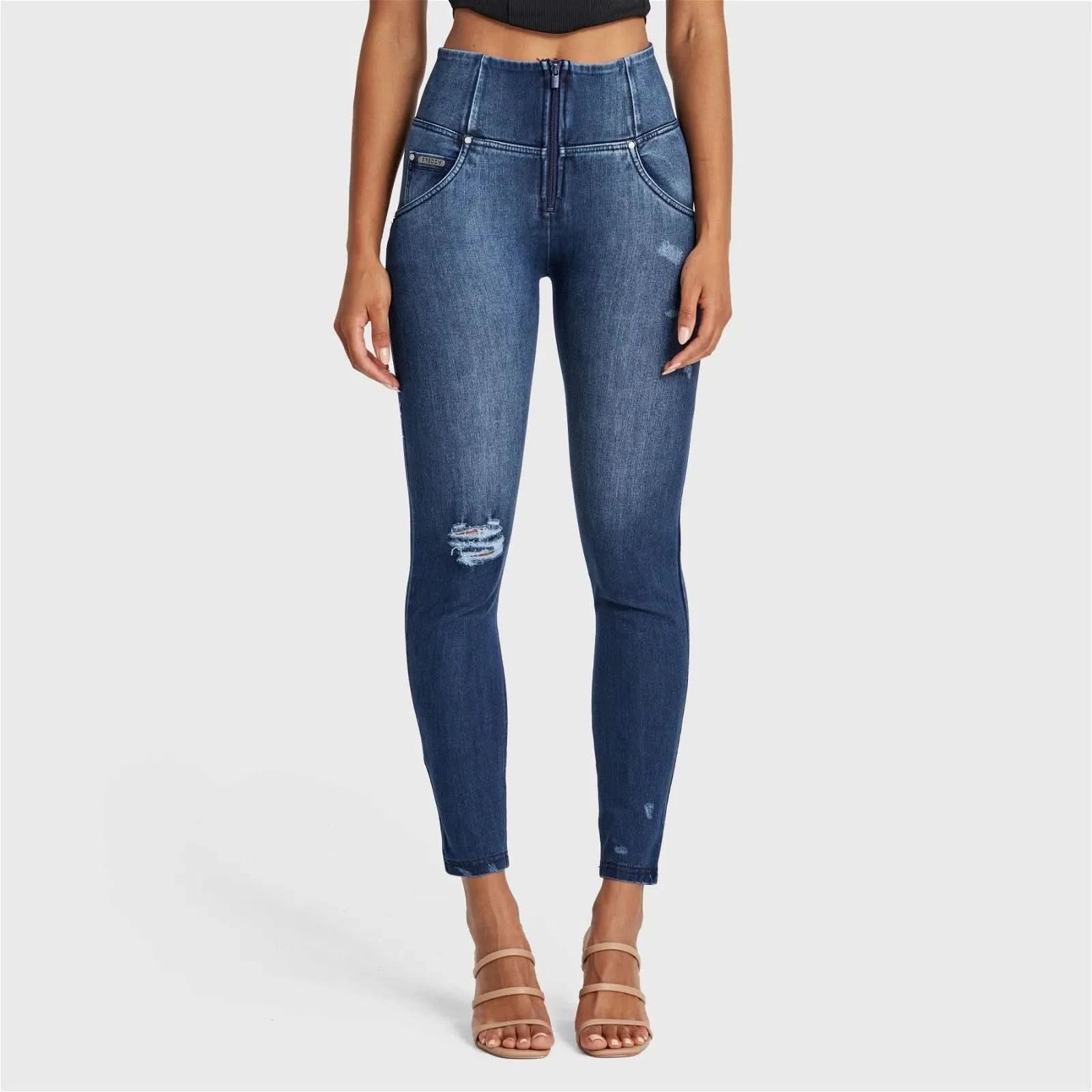 WR.UP® SNUG Distressed Jeans - High Waisted - Full Length - Dark Blue + Blue Stitching 1