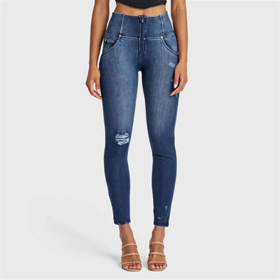 WR.UP® SNUG Distressed Jeans - High Waisted - Full Length - Dark Blue + Blue Stitching