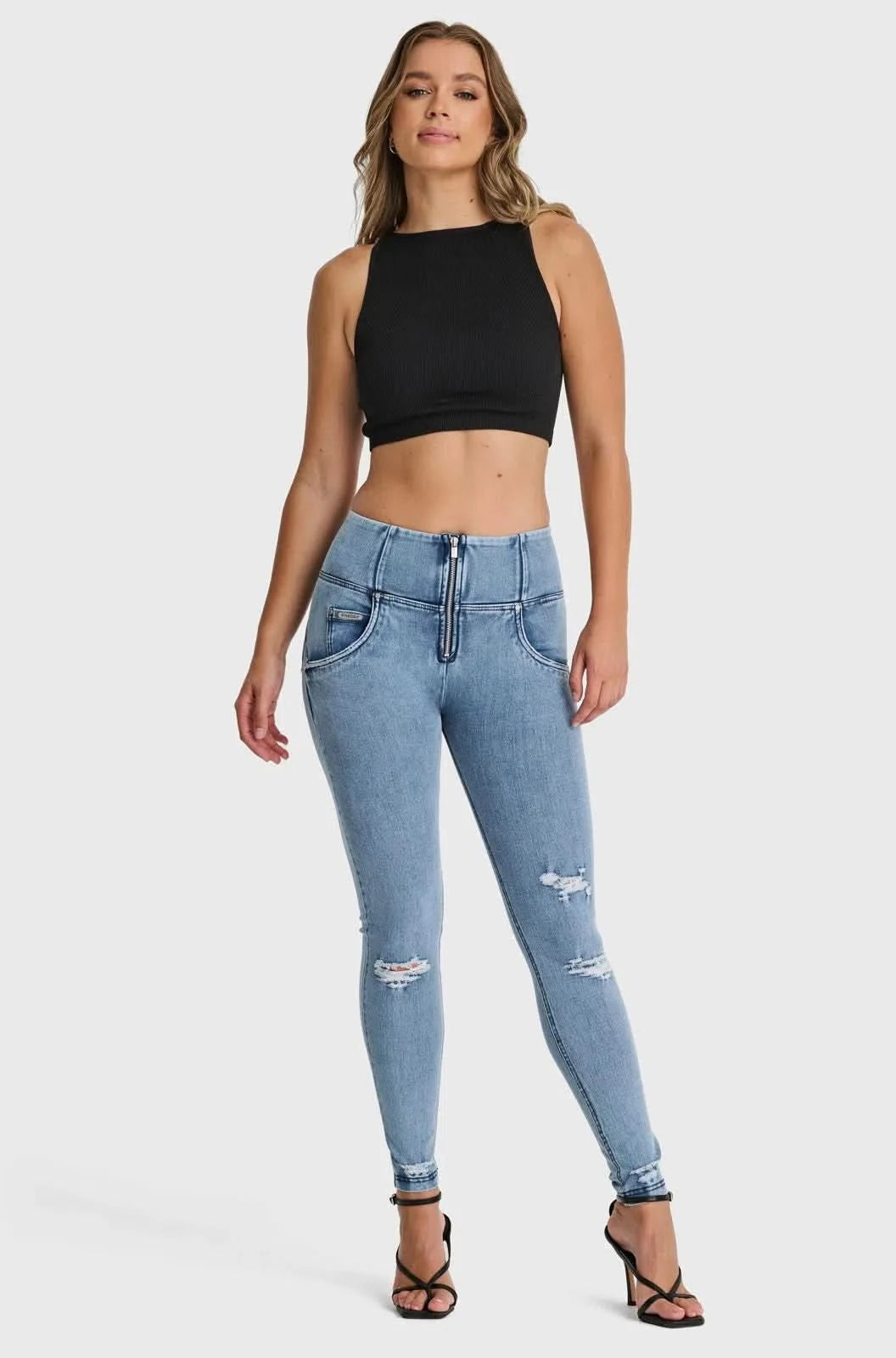 WR.UP® SNUG Distressed Jeans - High Waisted - Full Length - Light Blue + Blue Stitching