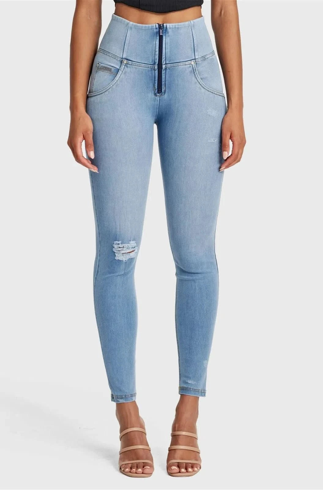 WR.UP® SNUG Distressed Jeans - High Waisted - Full Length - Light Blue + Yellow Stitching