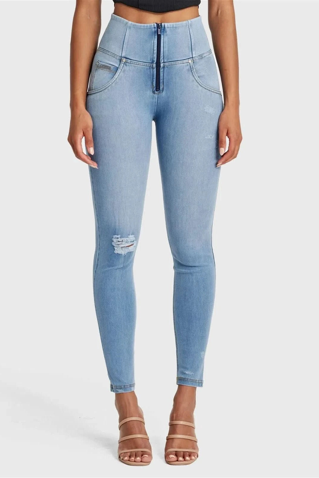 WR.UP® SNUG Distressed Jeans - High Waisted - Full Length - Light Blue + Yellow Stitching 1