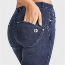 WRUP SNUG Jeans - 2 Button High Waisted - Bootcut - Dark Blue + Blue Stitching
