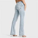 WRUP SNUG Jeans - 2 Button High Waisted - Bootcut - Light Blue + Yellow Stitching