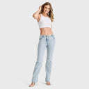 WRUP SNUG Jeans - 2 Button High Waisted - Bootcut - Light Blue + Yellow Stitching