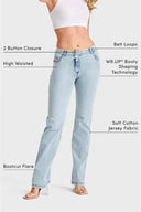 WRUP SNUG Jeans - 2 Button High Waisted - Bootcut - Light Blue + Yellow Stitching