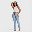 WRUP SNUG Jeans - 2 Button High Waisted - Bootcut - Light Blue + Yellow Stitching
