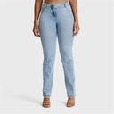 WRUP SNUG Jeans - 2 Button High Waisted - Bootcut - Light Blue + Yellow Stitching