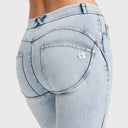 WRUP SNUG Jeans - 2 Button High Waisted - Bootcut - Light Blue + Yellow Stitching