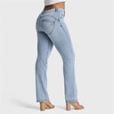 WRUP SNUG Jeans - 2 Button High Waisted - Bootcut - Light Blue + Yellow Stitching