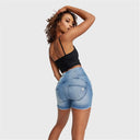 WRUP SNUG Jeans - 3 Button High Waisted - Shorts - Light Blue + Blue Stitching
