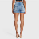 WRUP SNUG Jeans - 3 Button High Waisted - Shorts - Light Blue + Blue Stitching