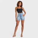 WRUP SNUG Jeans - 3 Button High Waisted - Shorts - Light Blue + Yellow Stitching
