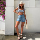 WRUP SNUG Jeans - 3 Button High Waisted - Shorts - Light Blue + Yellow Stitching