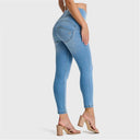 WRUP SNUG Jeans - High Waisted - 7/8 Length - Light Blue + Yellow Stitching