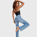 WRUP SNUG Jeans - High Waisted - Flare - Light Blue + Yellow Stitching