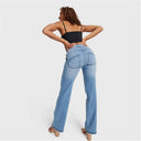 WRUP SNUG Jeans - High Waisted - Flare - Light Blue + Yellow Stitching