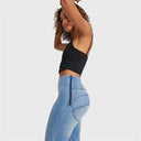 WRUP SNUG Jeans - High Waisted - Flare - Light Blue + Yellow Stitching