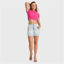 WRUP SNUG Jeans - High Waisted - Shorts - Baby Blue + Yellow Stitching