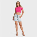 WRUP SNUG Jeans - High Waisted - Shorts - Baby Blue + Yellow Stitching