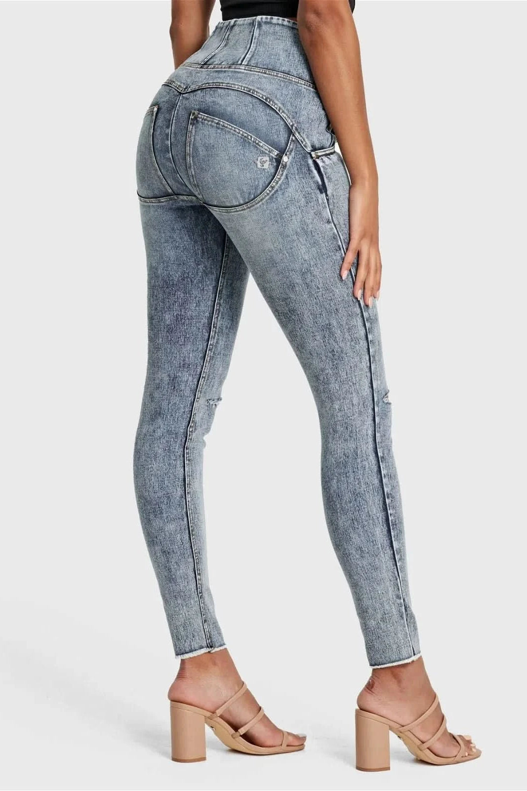 WR.UP® SNUG Ripped Jeans - High Waisted - Full Length - Blue Stonewash + Yellow Stitching 2