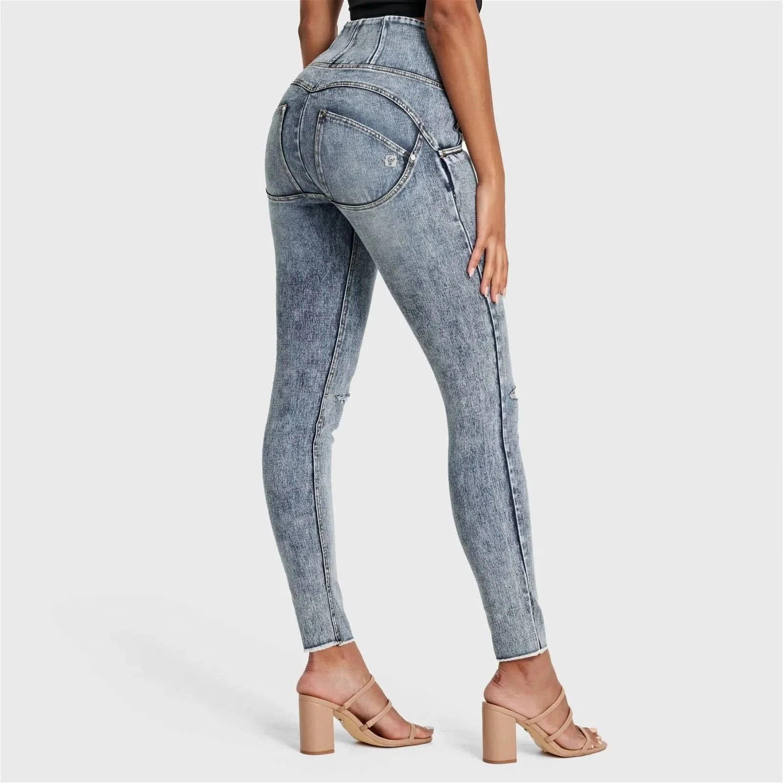 WR.UP® SNUG Ripped Jeans - High Waisted - Full Length - Blue Stonewash + Yellow Stitching 2