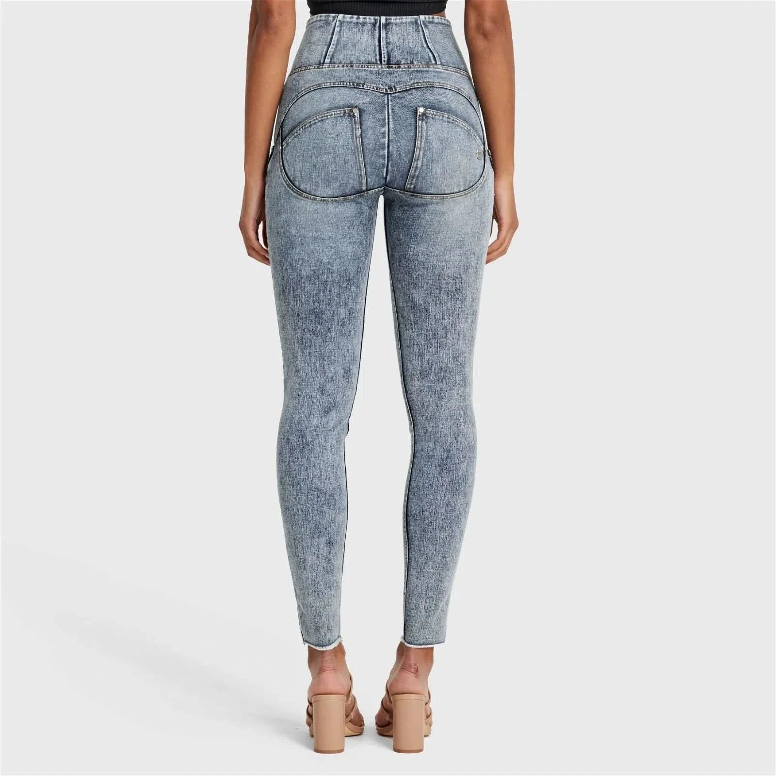 WR.UP® SNUG Ripped Jeans - High Waisted - Full Length - Blue Stonewash + Yellow Stitching 3