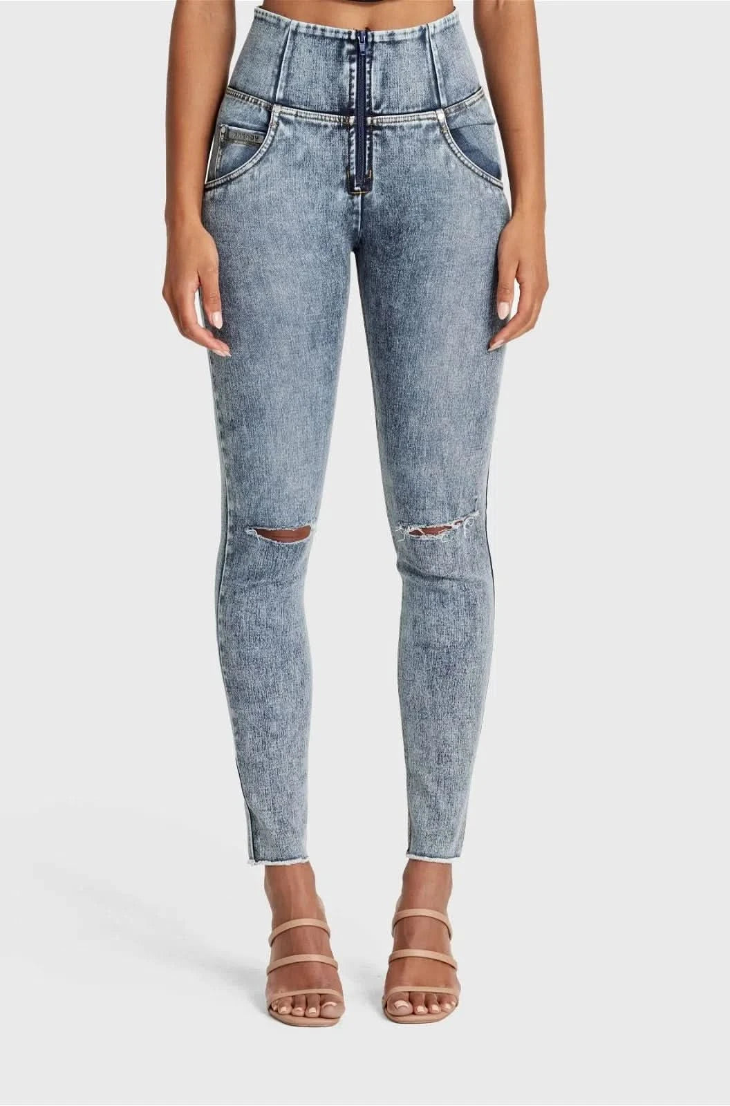 WR.UP® SNUG Ripped Jeans - High Waisted - Full Length - Blue Stonewash + Yellow Stitching