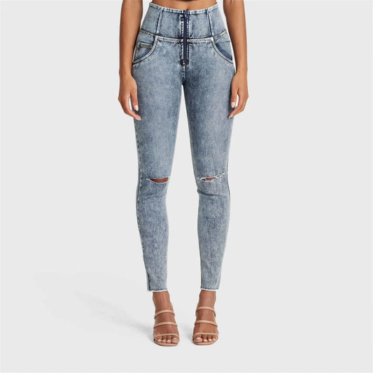 WRUP SNUG Ripped Jeans - High Waisted - Full Length - Blue Stonewash + Yellow Stitching