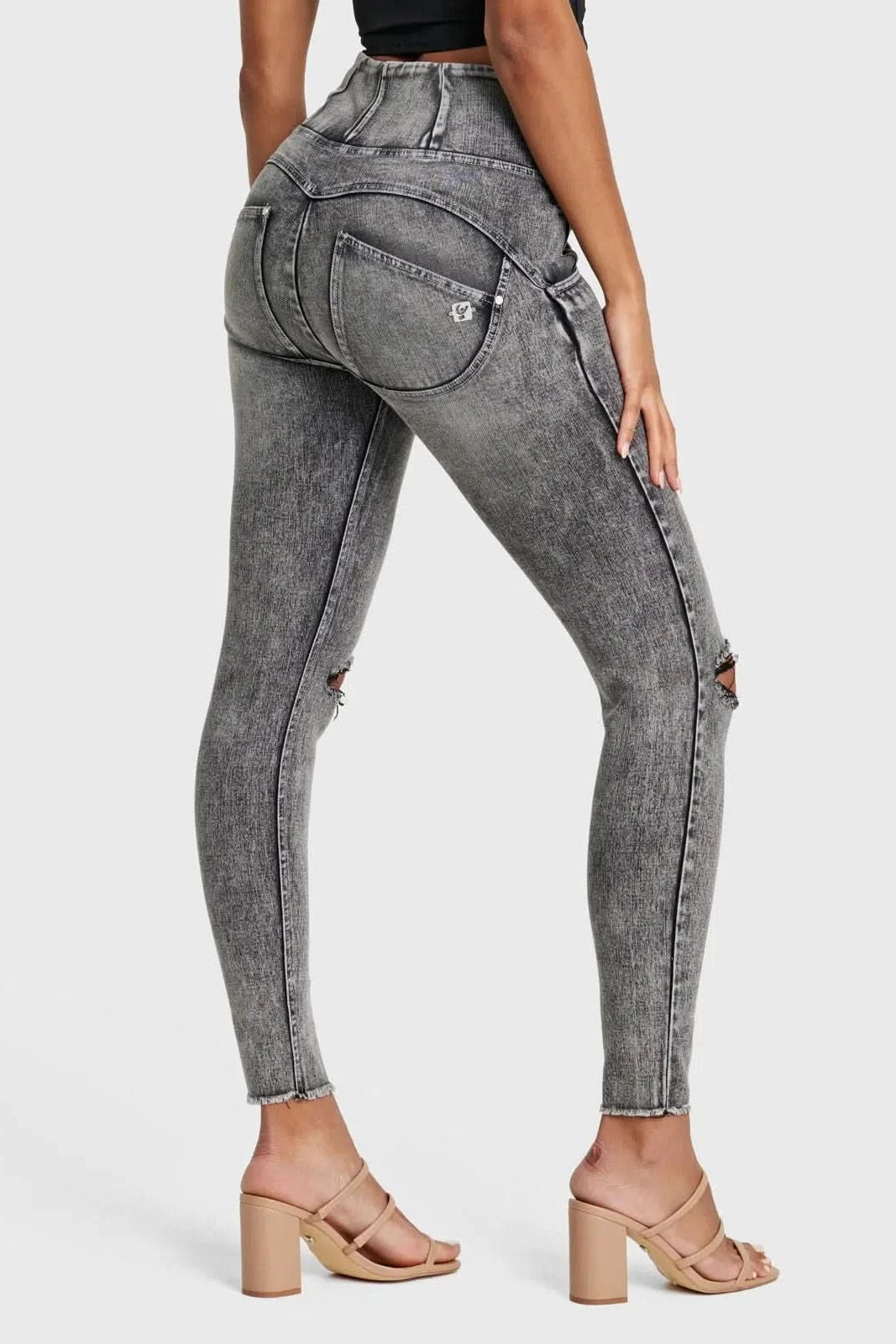 WR.UP® SNUG Ripped Jeans - High Waisted - Full Length - Grey Stonewash + Grey Stitching 2