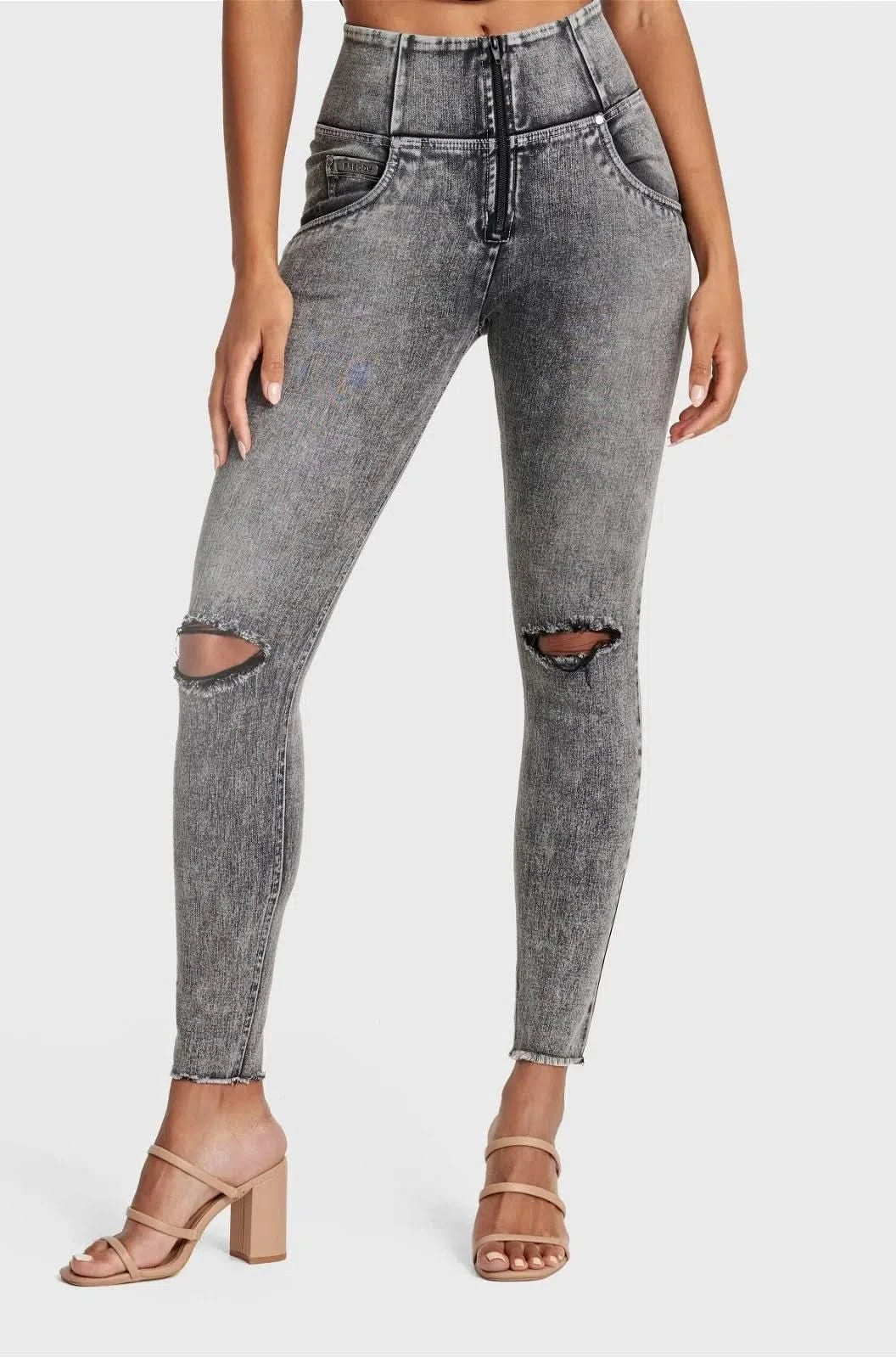 WR.UP® SNUG Ripped Jeans - High Waisted - Full Length - Grey Stonewash + Grey Stitching