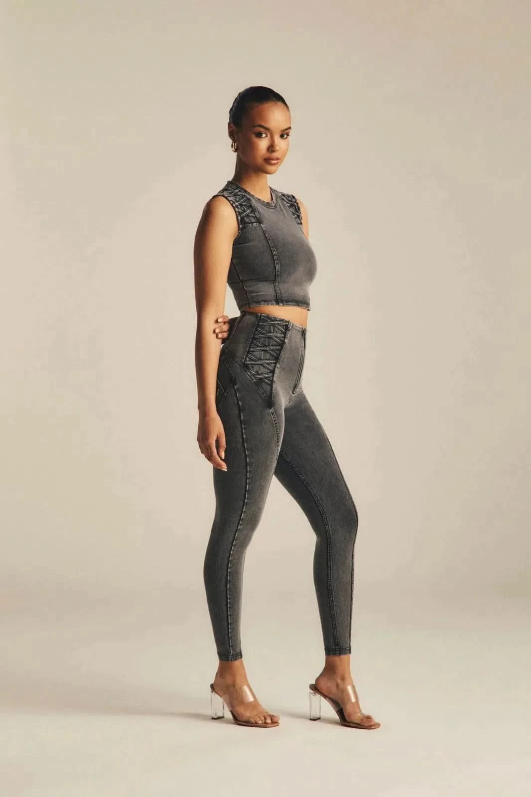 WRUP Denim Criss Cross Detail - High Waisted - 7/8 Length - Dark Grey Denim + Black Stitching 2