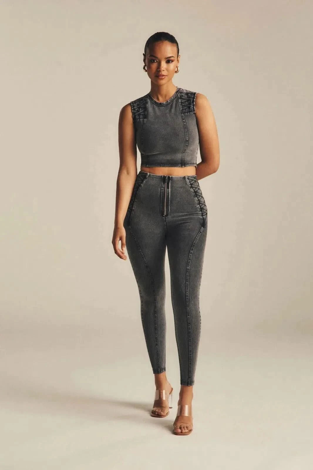 WRUP Denim Criss Cross Detail High Waisted 7 8 Length Dark Grey Denim + Black Stitching