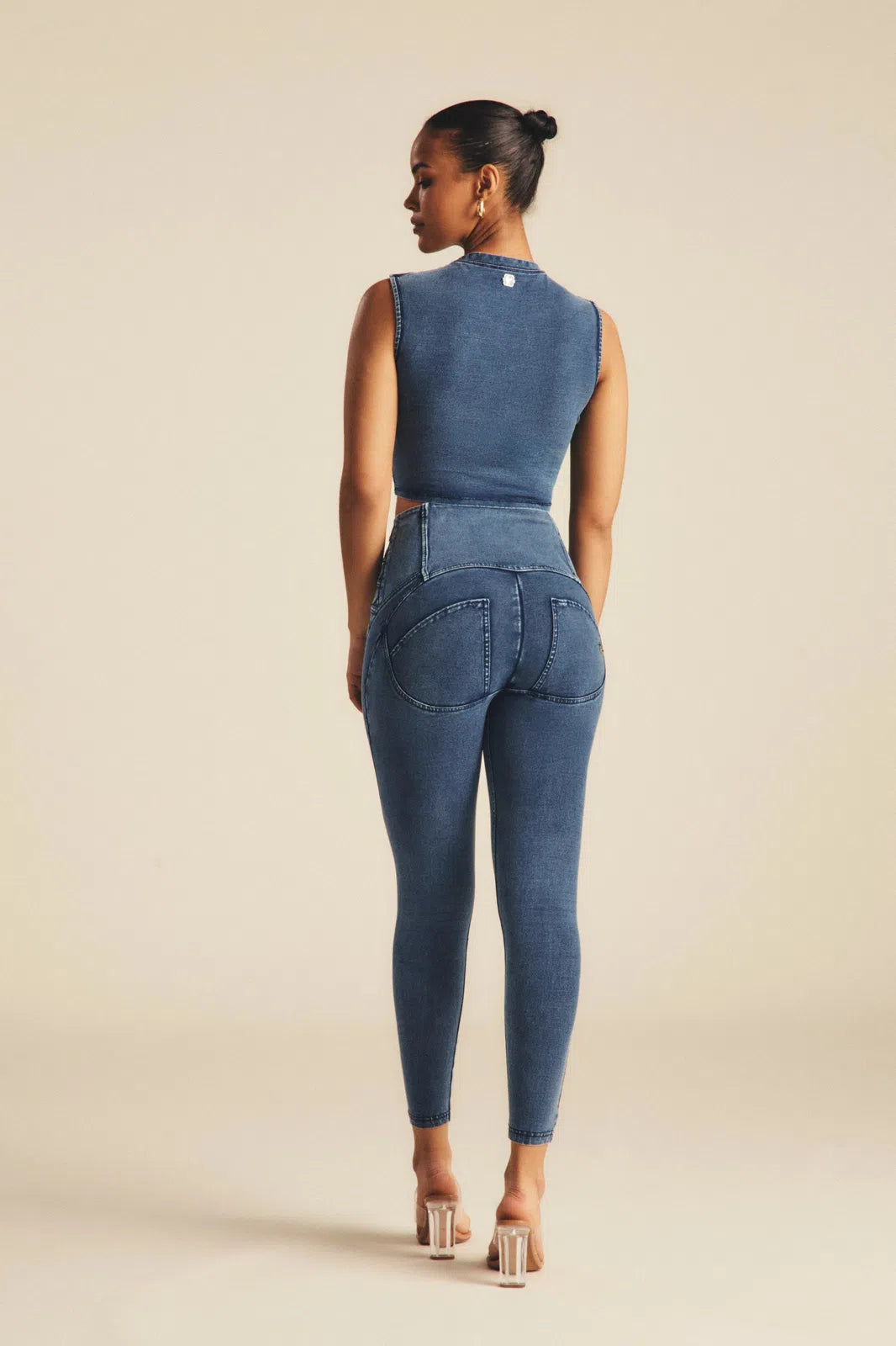 WRUP Denim Criss Cross Detail - High Waisted - 7/8 Length - Indigo Denim + Blue Stitching 3