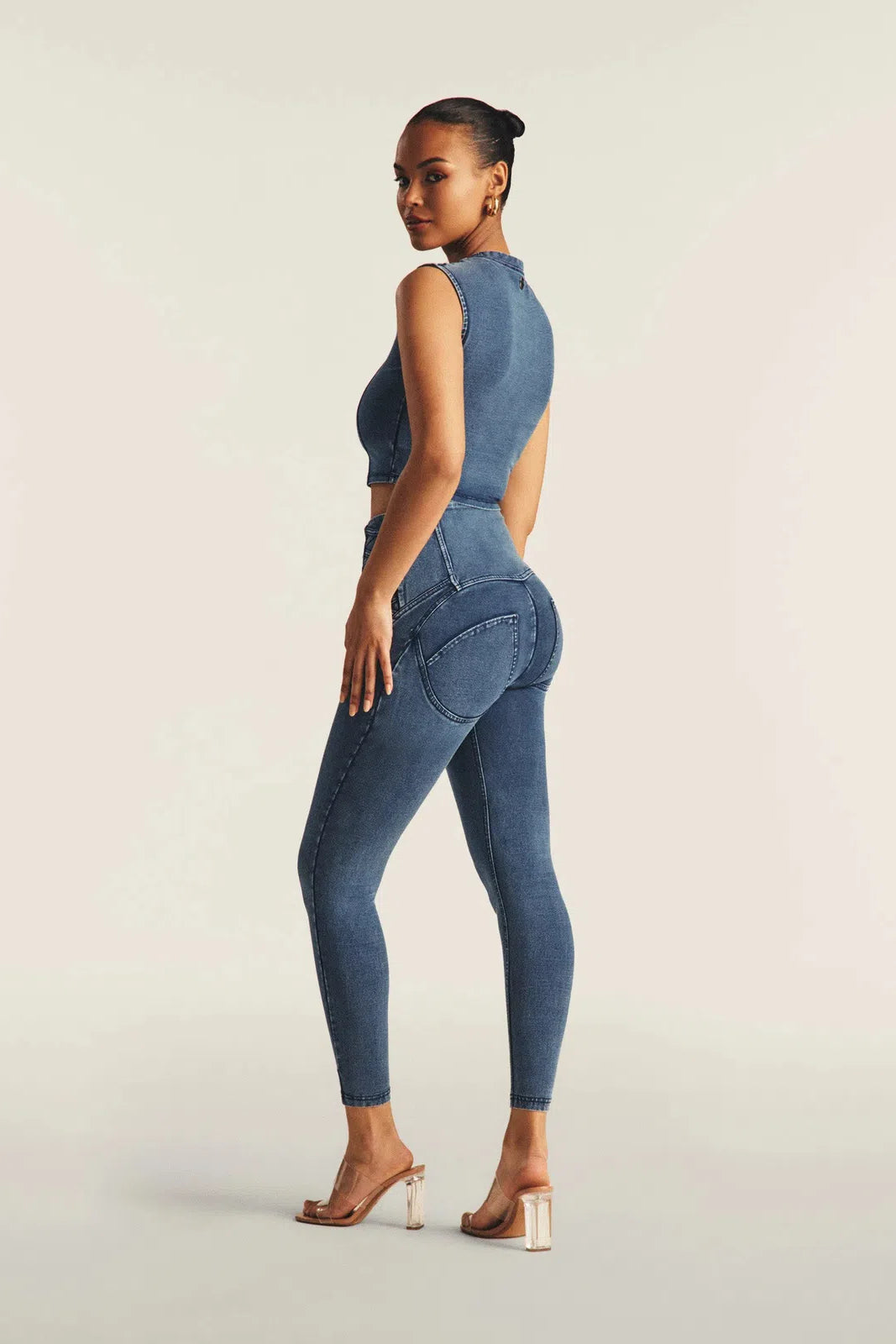 WRUP Denim Criss Cross Detail - High Waisted - 7/8 Length - Indigo Denim + Blue Stitching 2